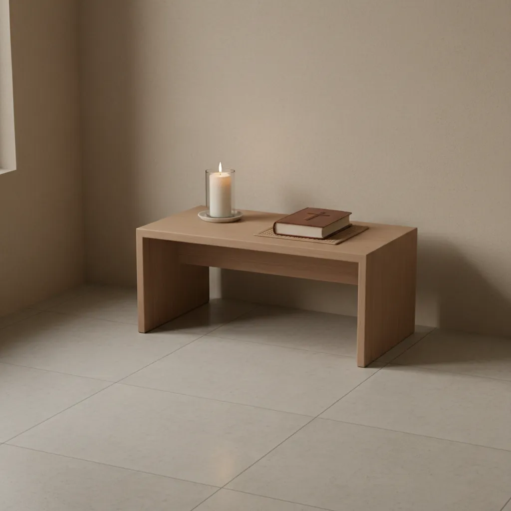 Minimal organized prayer corner with simple altar and clean layout