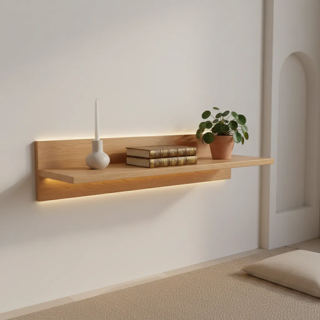 Neatly organized prayer room shelf with sacred books and candles
