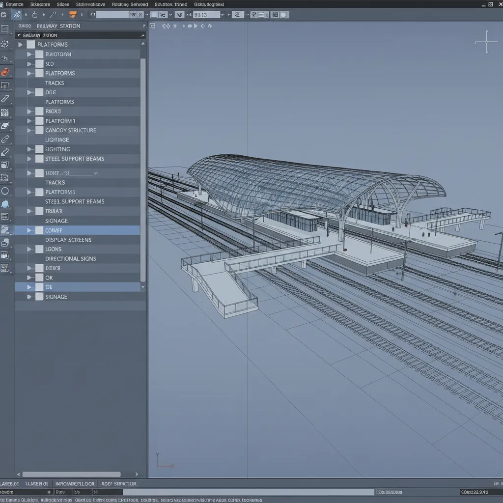 Organized 3D scene hierarchy for railway station including platforms tracks and structure groups