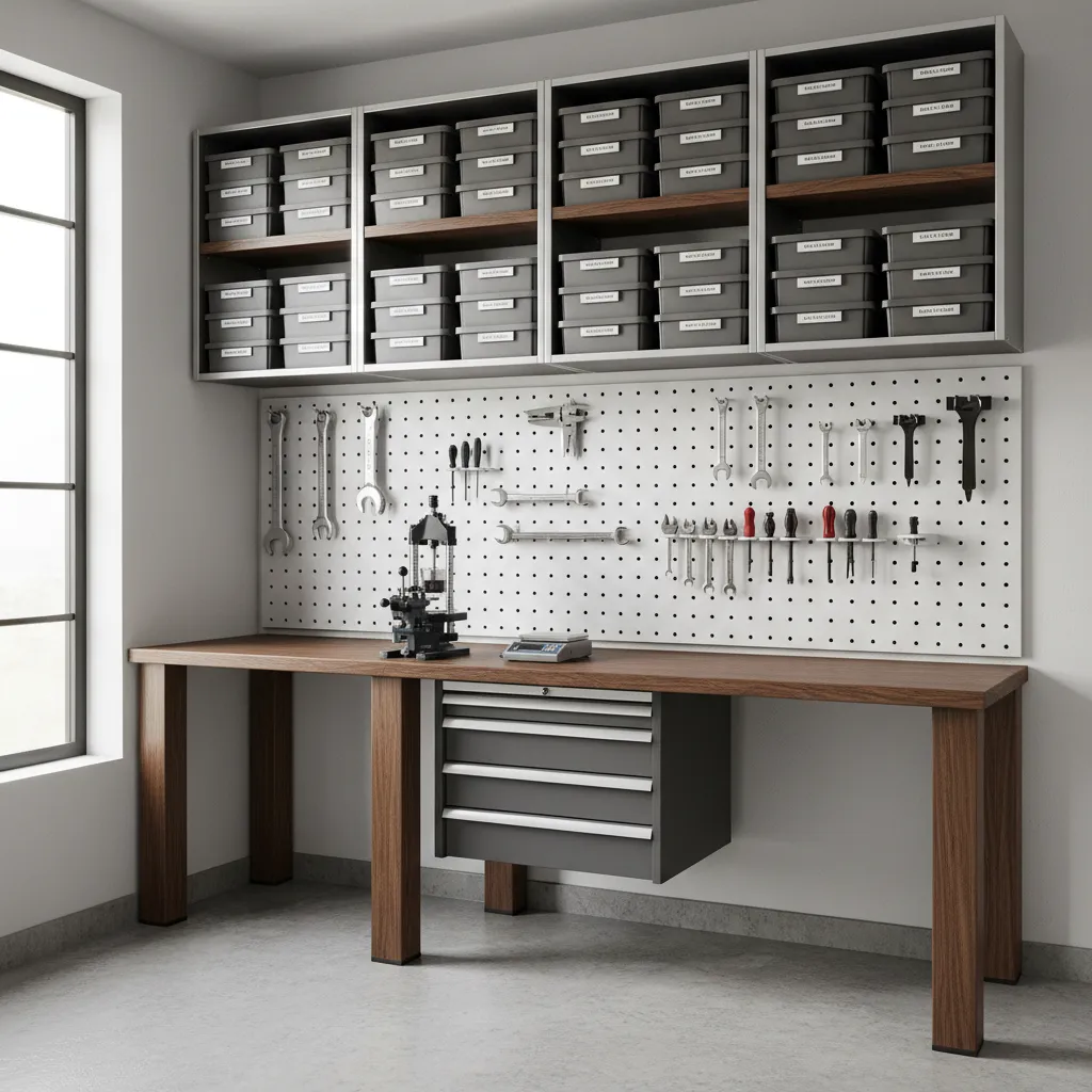 organized reloading storage shelves with labeled boxes and components