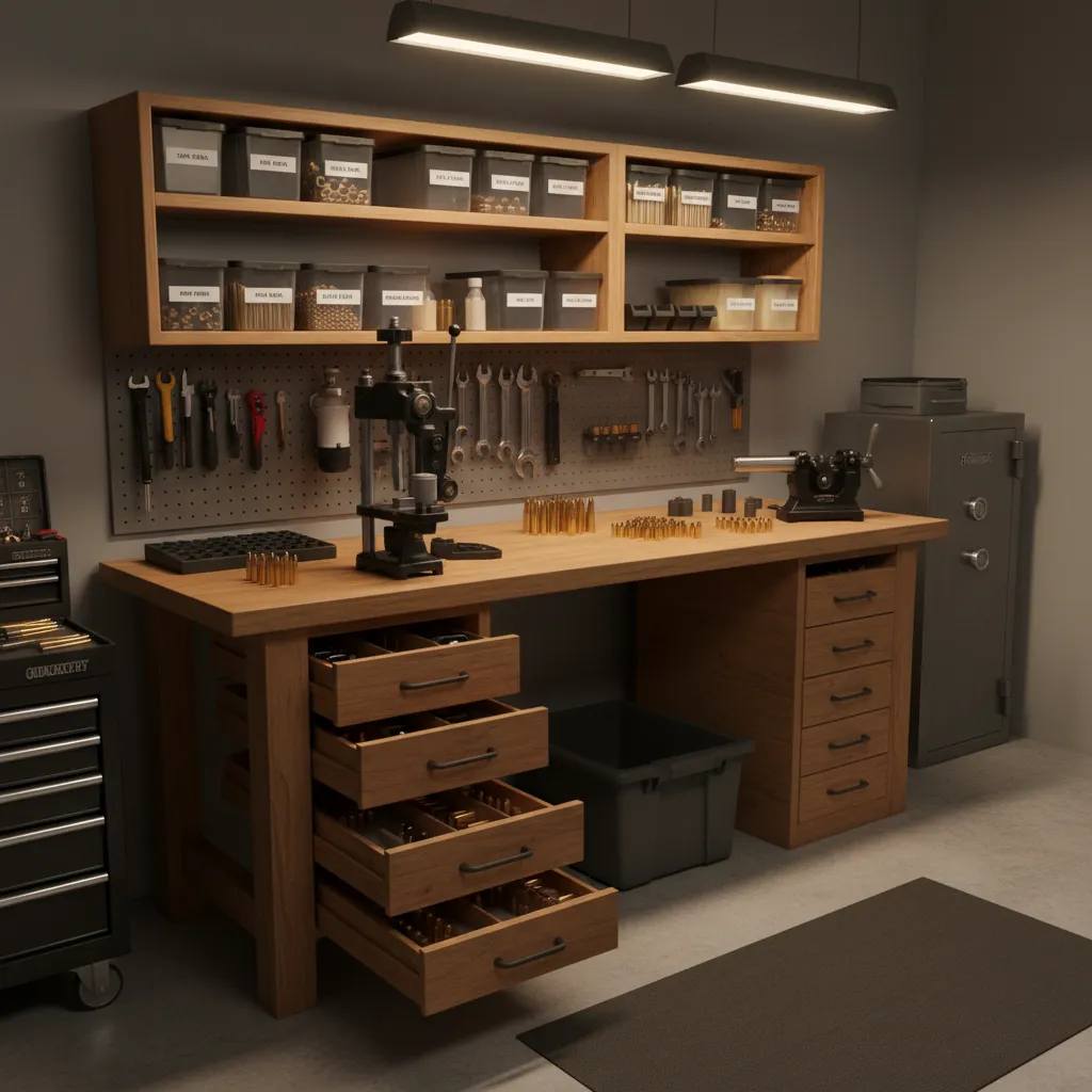 organized reloading workspace with bench press storage shelves and tools