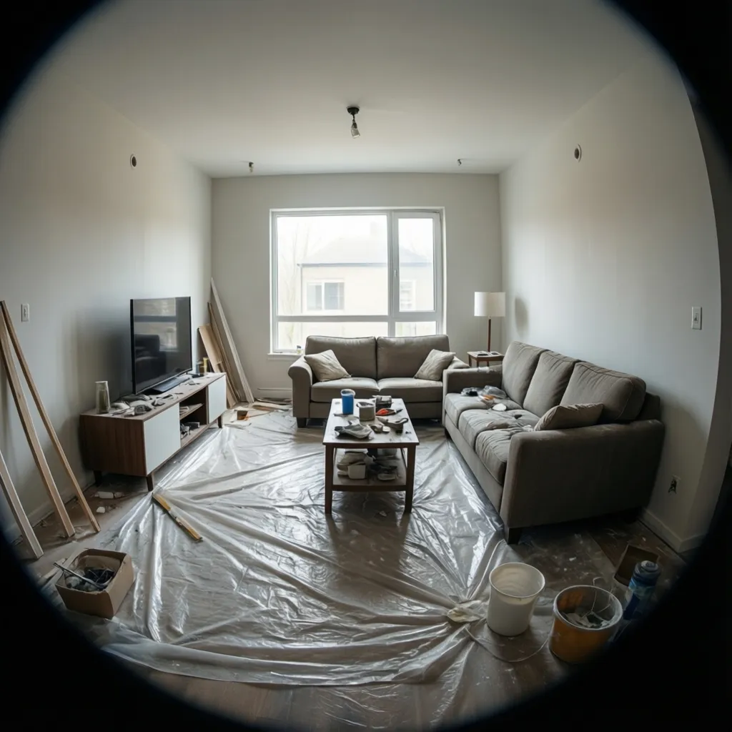 Living room cleared and prepared for professional painting work