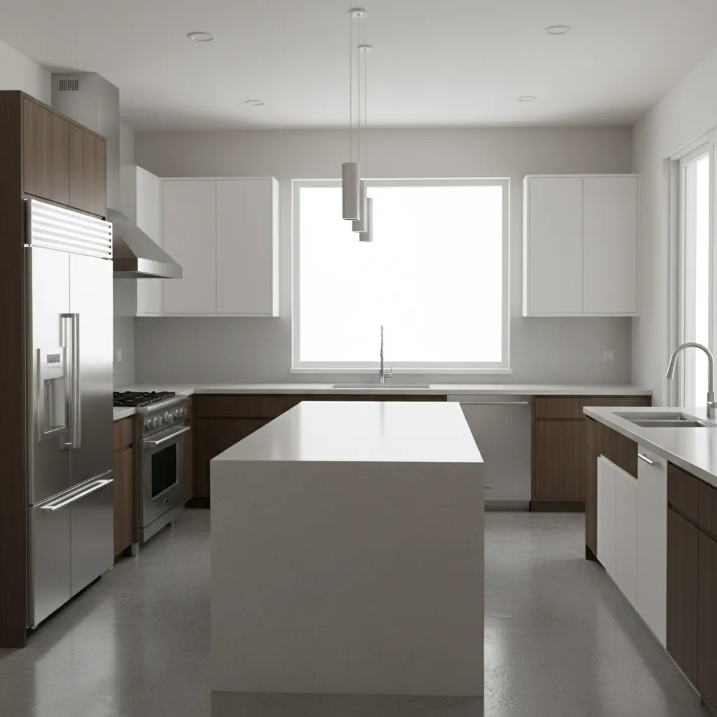Well organized kitchen workspace showing clear prep, cook and cleaning zones