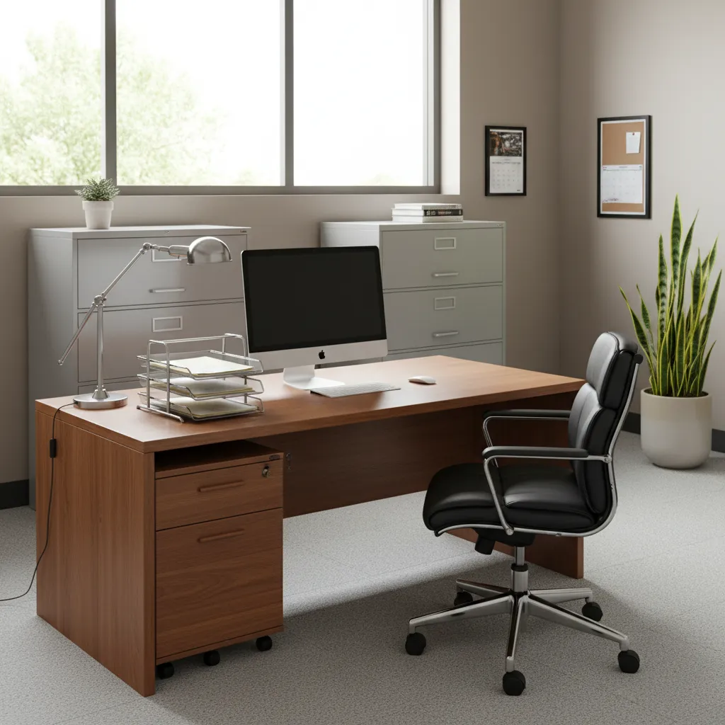 Clean and organized school office desk with storage and natural light