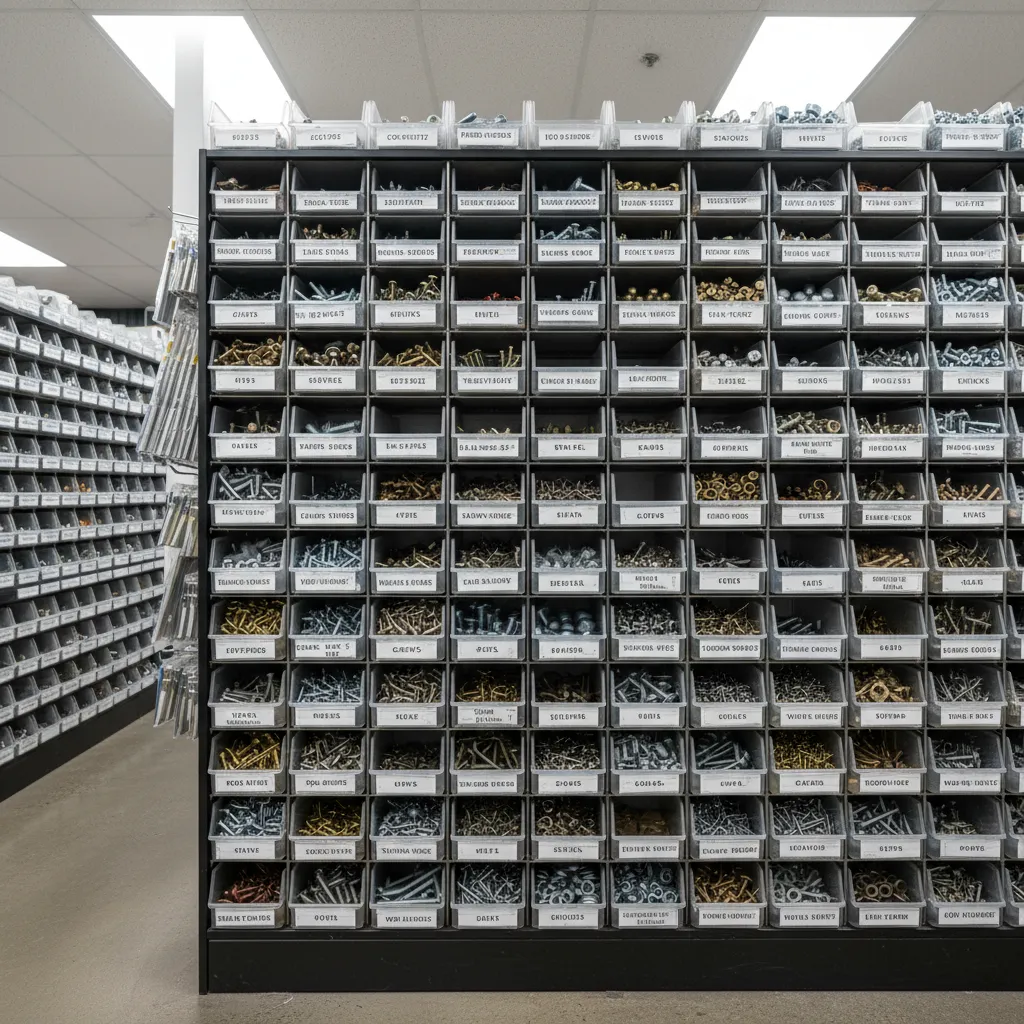 Sección organizada de tornillos y fijaciones en una ferretería
