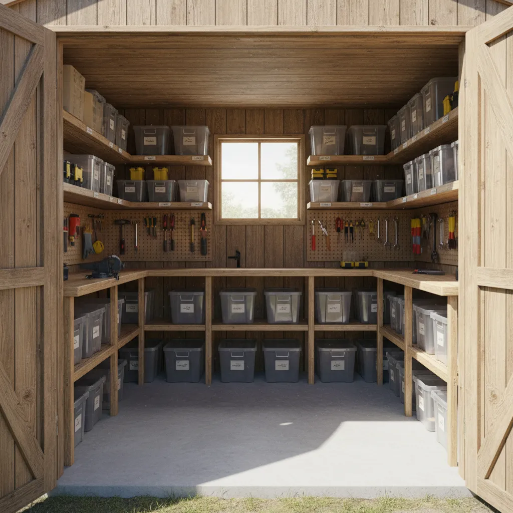 Neat storage shed with wooden shelves holding plastic bins and tools on a wall pegboard