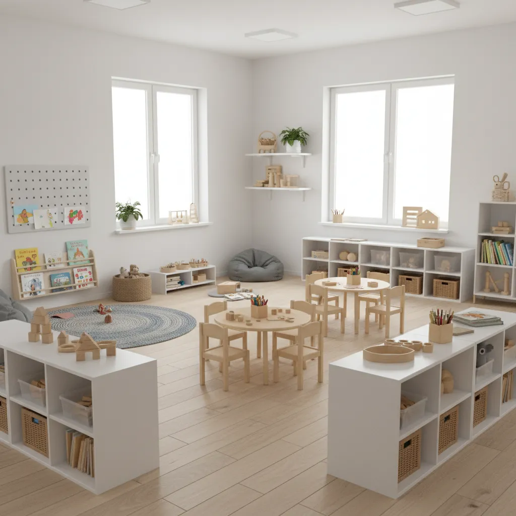 small daycare classroom organized with shelves bins and activity zones