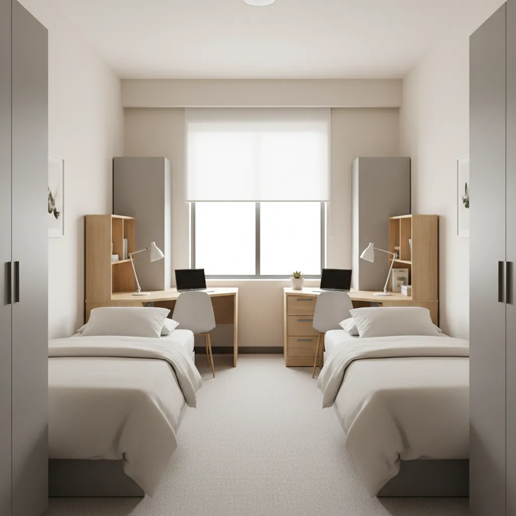 small dorm room layout with bed desk and storage zones