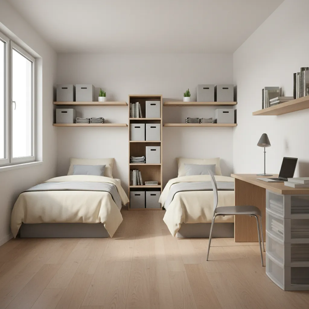 small dorm room layout showing vertical storage shelves and compact furniture
