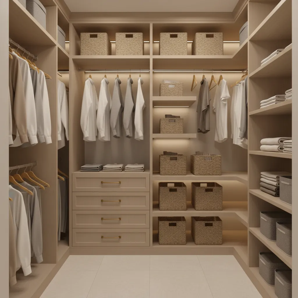 organized small closet with double hanging rods drawers and shelves