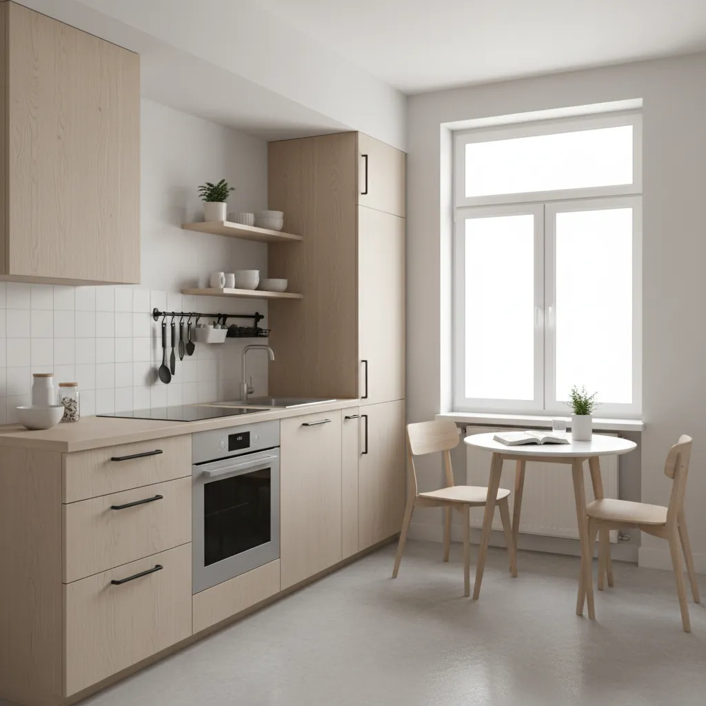 Small kitchen with clean countertops and smart wall storage