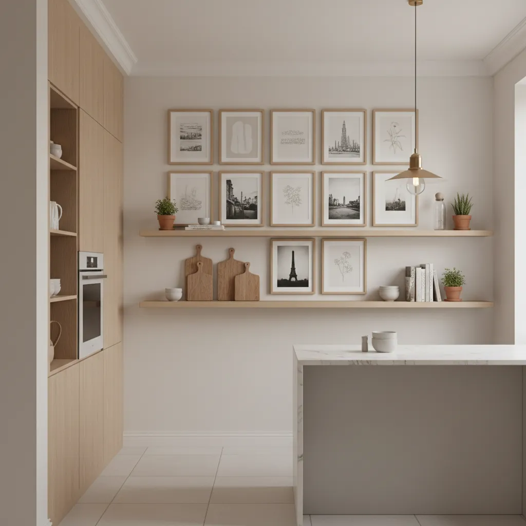 organized gallery wall layout with shelves art and kitchen tools