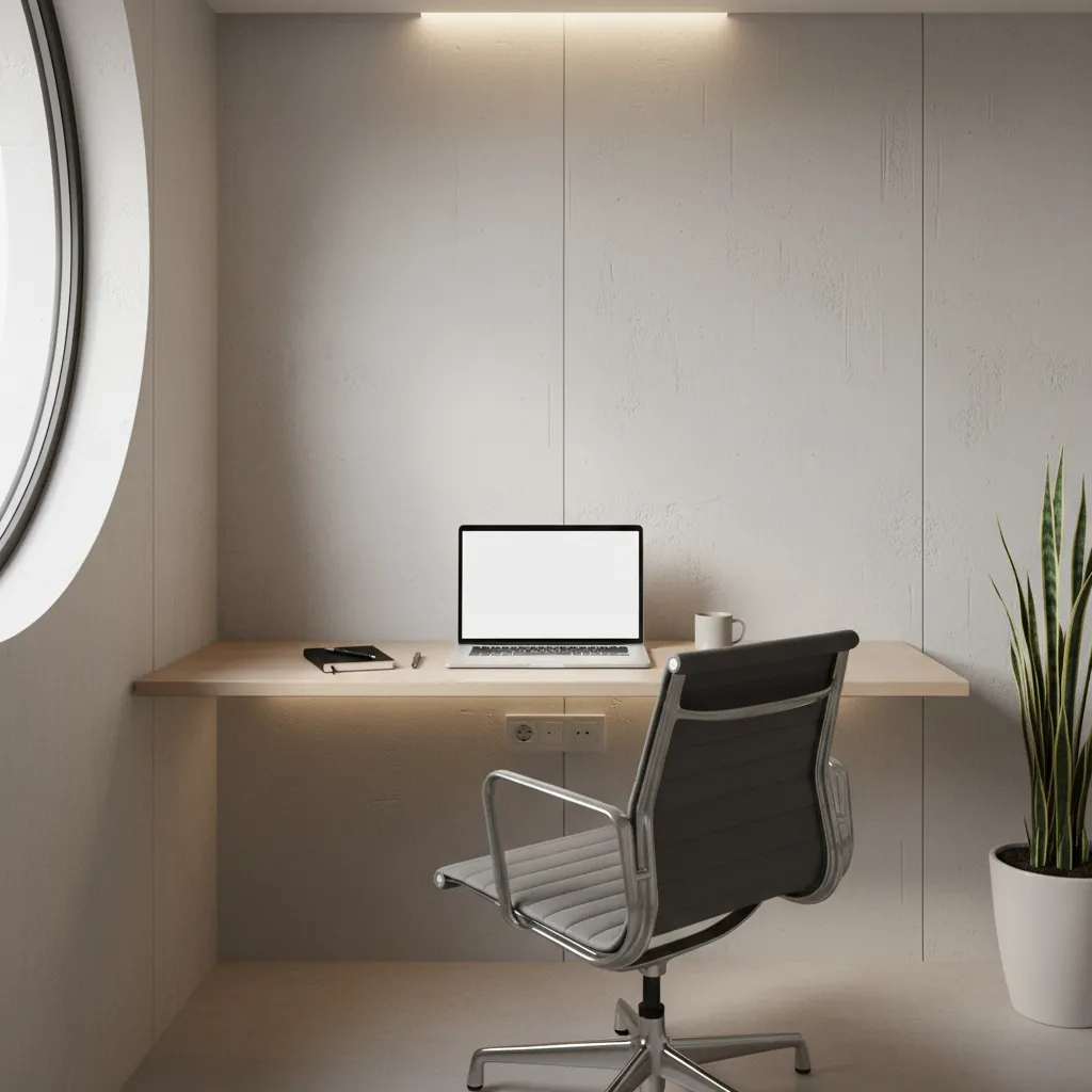 organized small study desk with cable management and minimal decor
