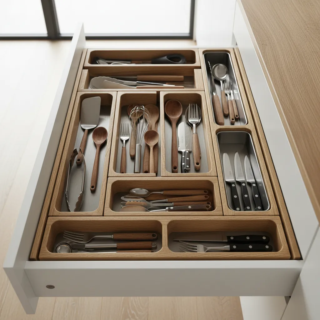 Cajones de cocina organizados con divisores modulares