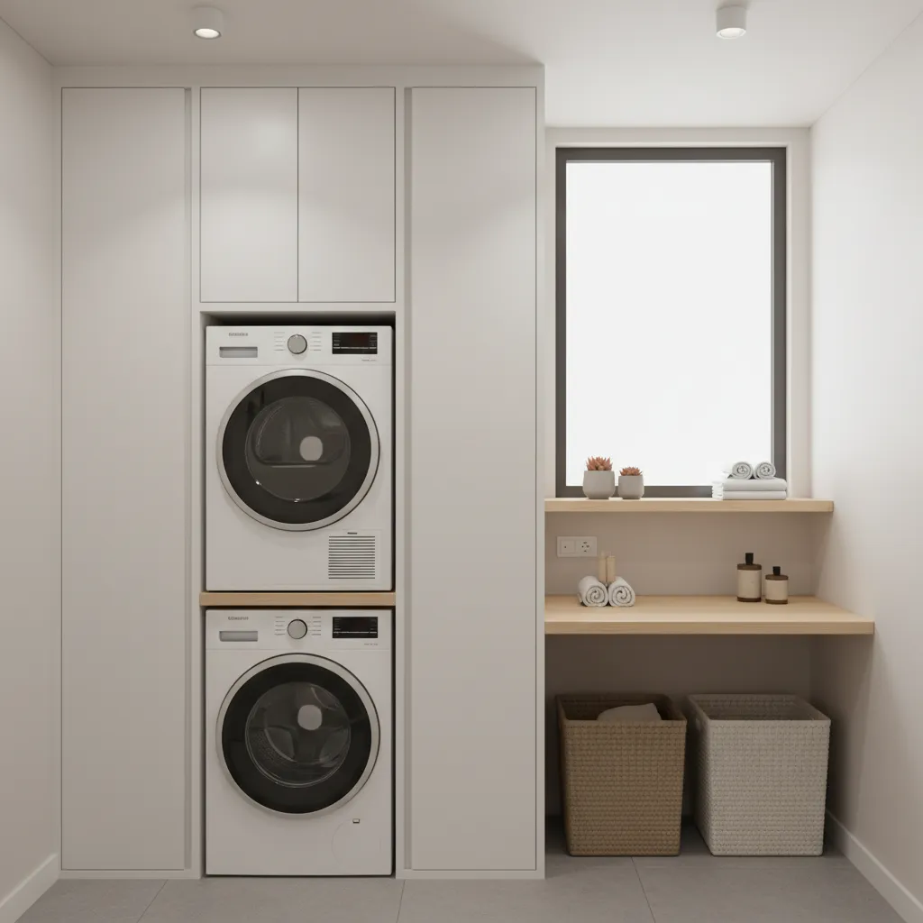 Well organized compact laundry room with stackable washer dryer and storage