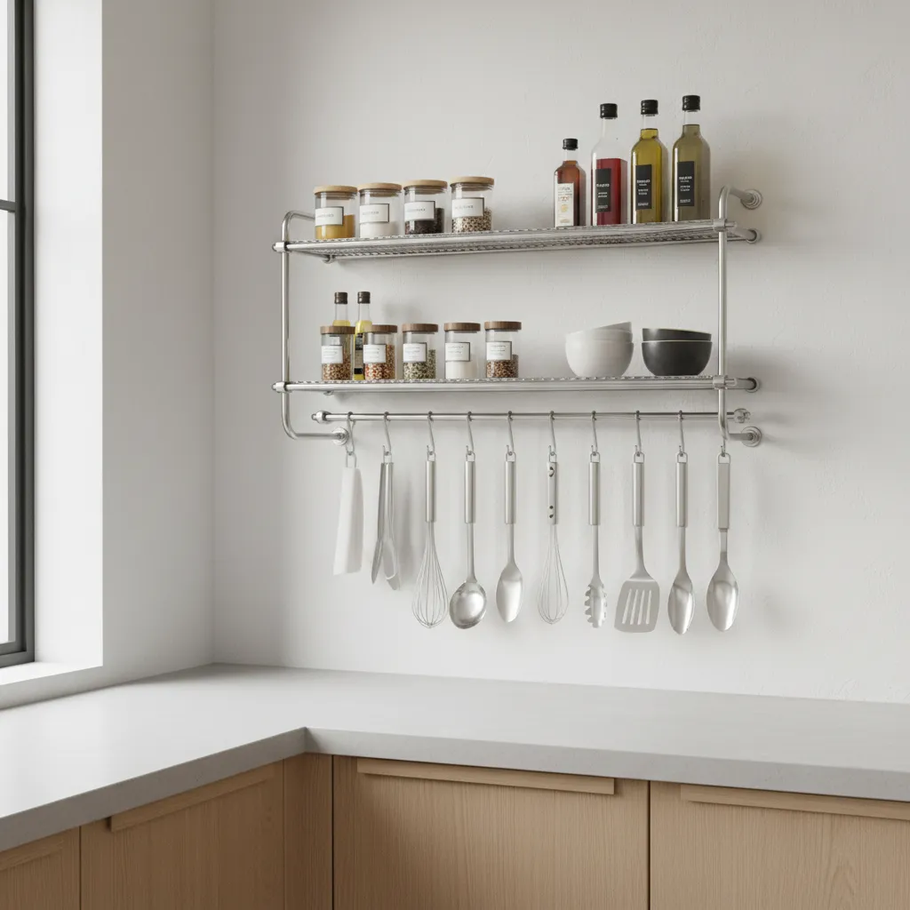 Organized stainless steel kitchen rack storing spices, bowls and utensils