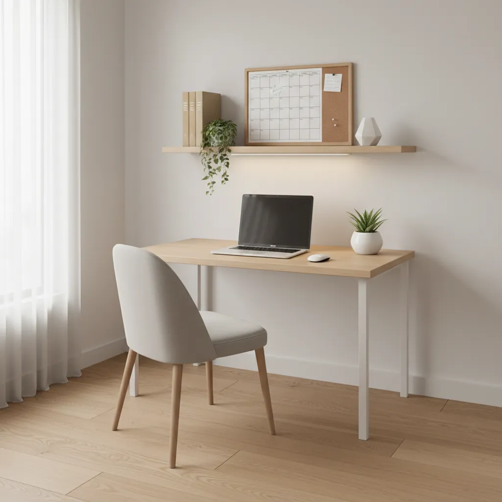 organized study desk layout with planner board shelves and minimal decor