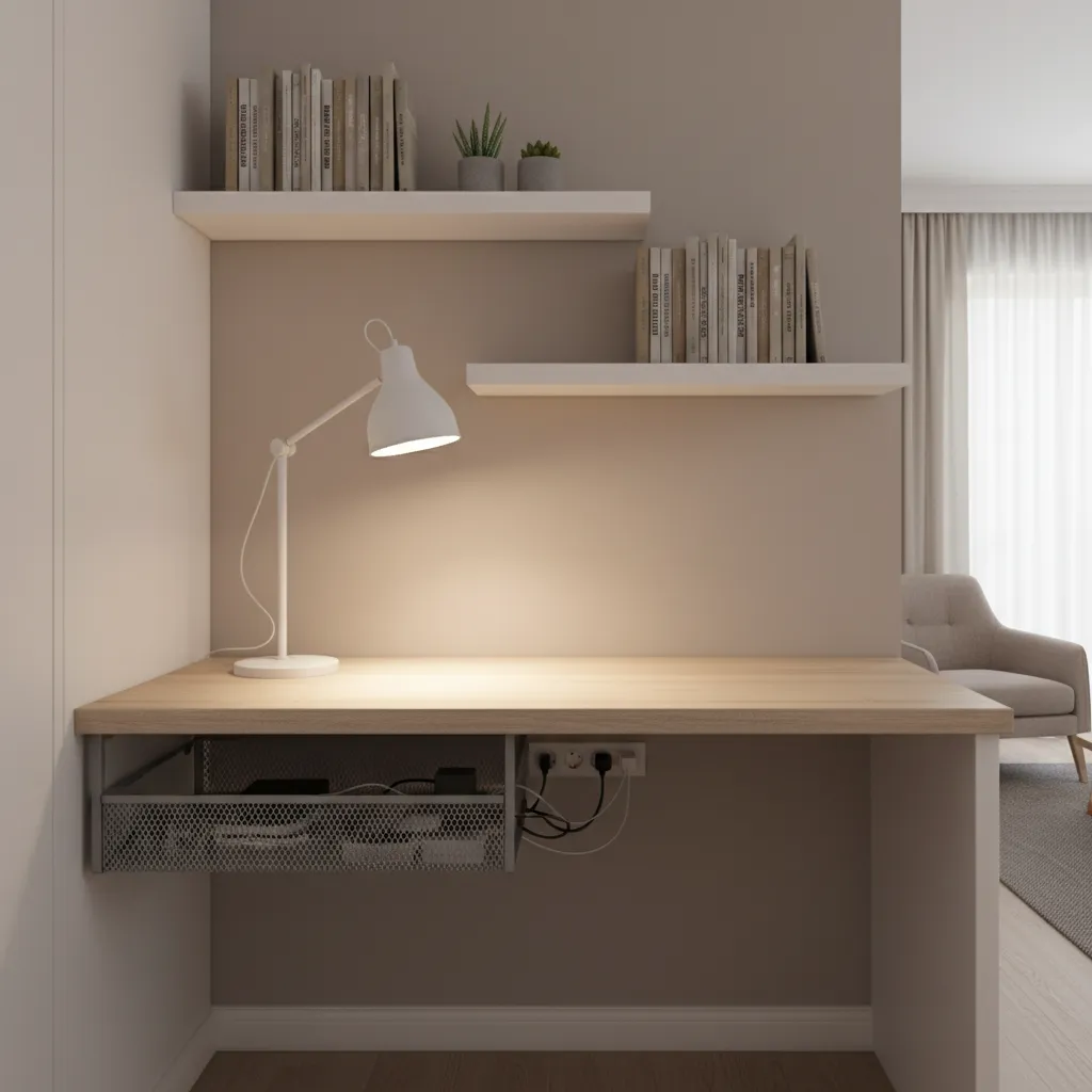Organized study desk with lamp cable management and shelves