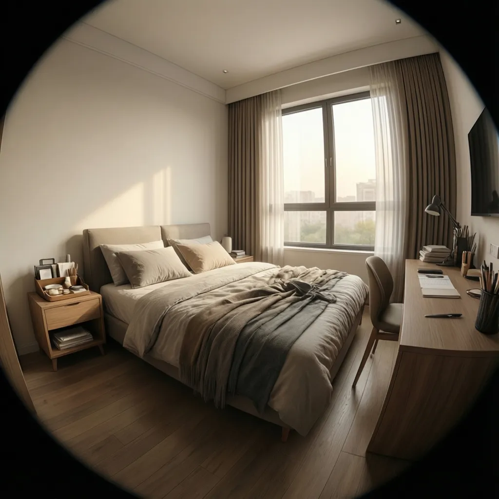 Modern bedroom with grey bed white closet wooden floor desk and glowing circles on ground