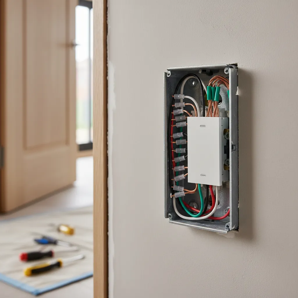 Neatly organized electrical wiring inside switch box with pigtail connections