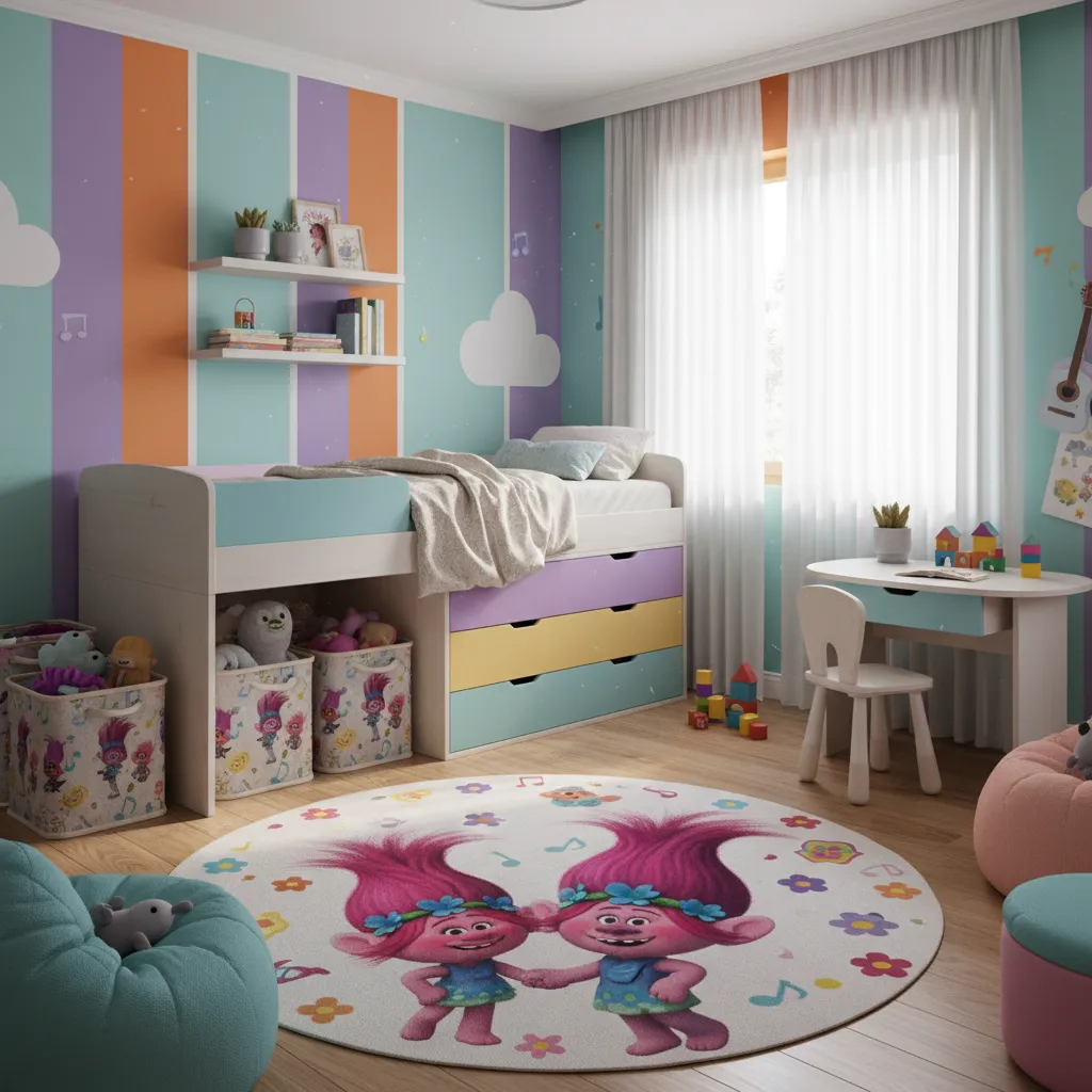 Organized trolls themed kids bedroom with shelves bins and toy storage