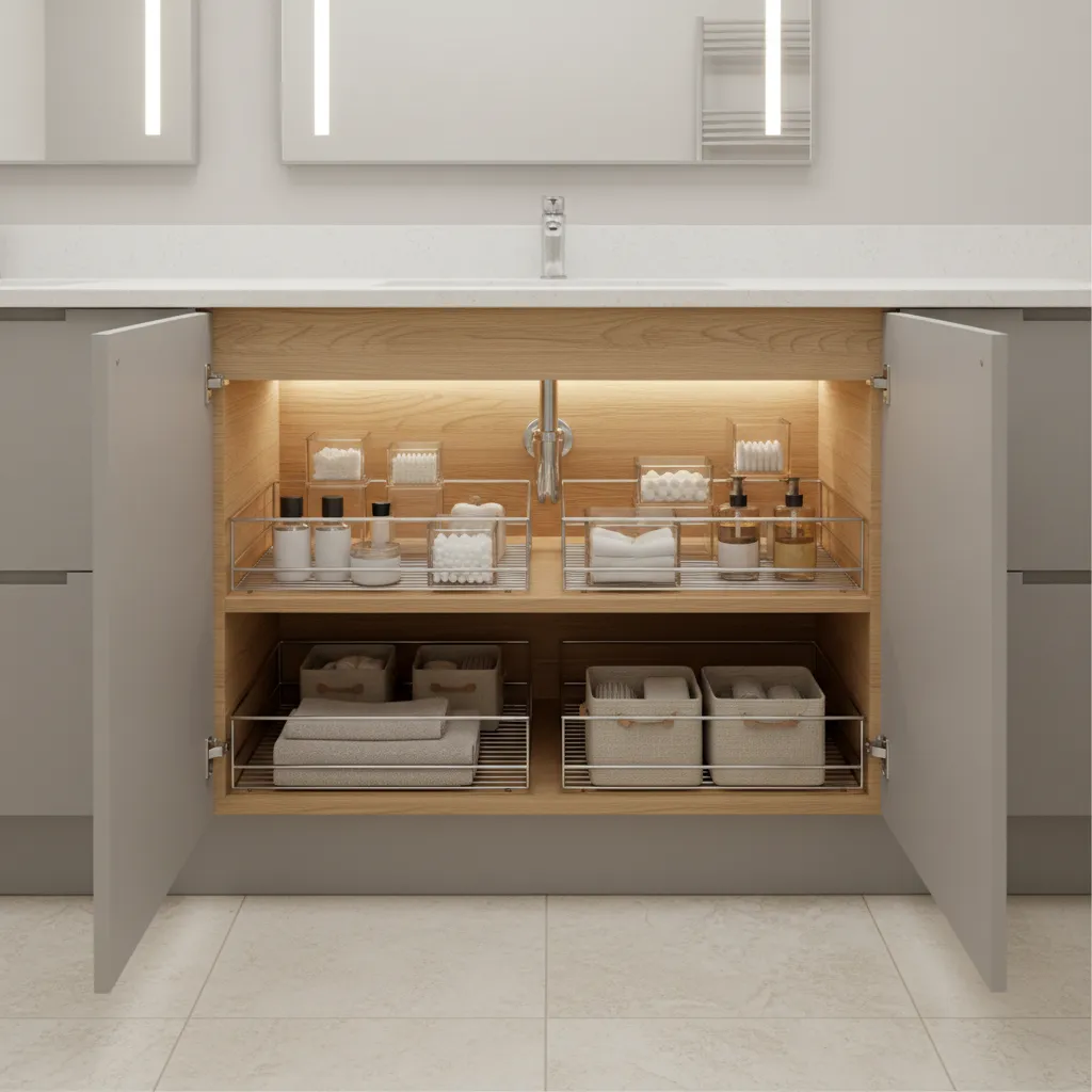 organized under sink bathroom cabinet with pull out organizers