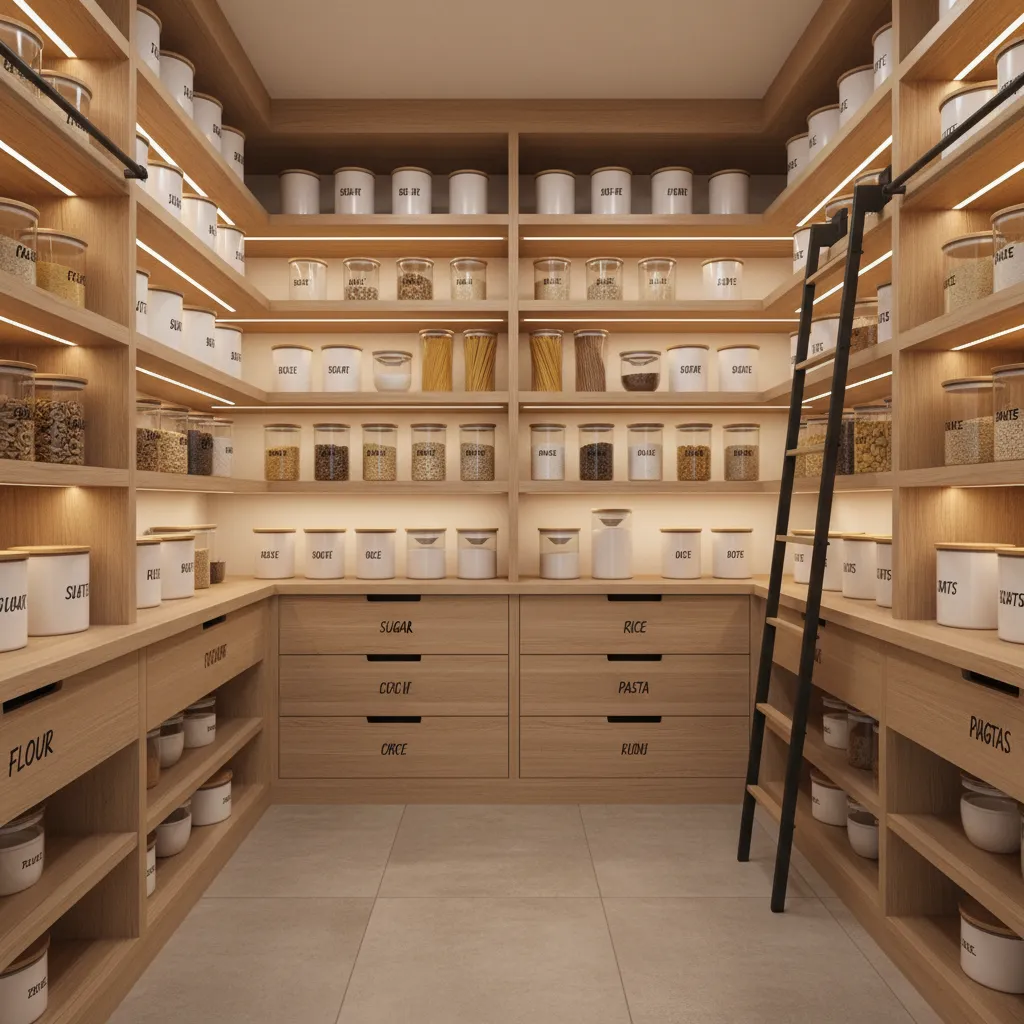 Walk in pantry with organized shelves and food storage