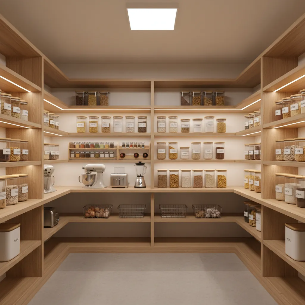 Organized walk-in pantry with shelves and food storage