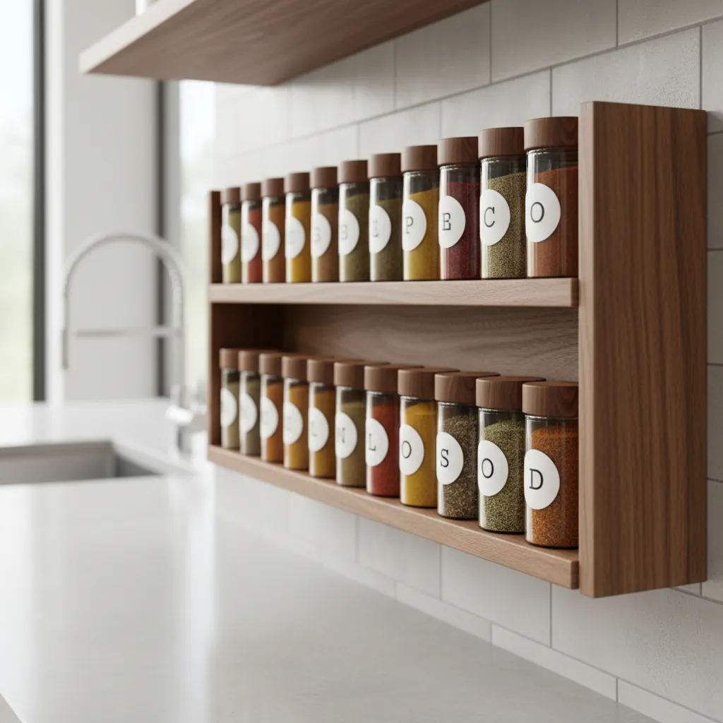 organized wooden spice rack with matching jars creating a clean kitchen display