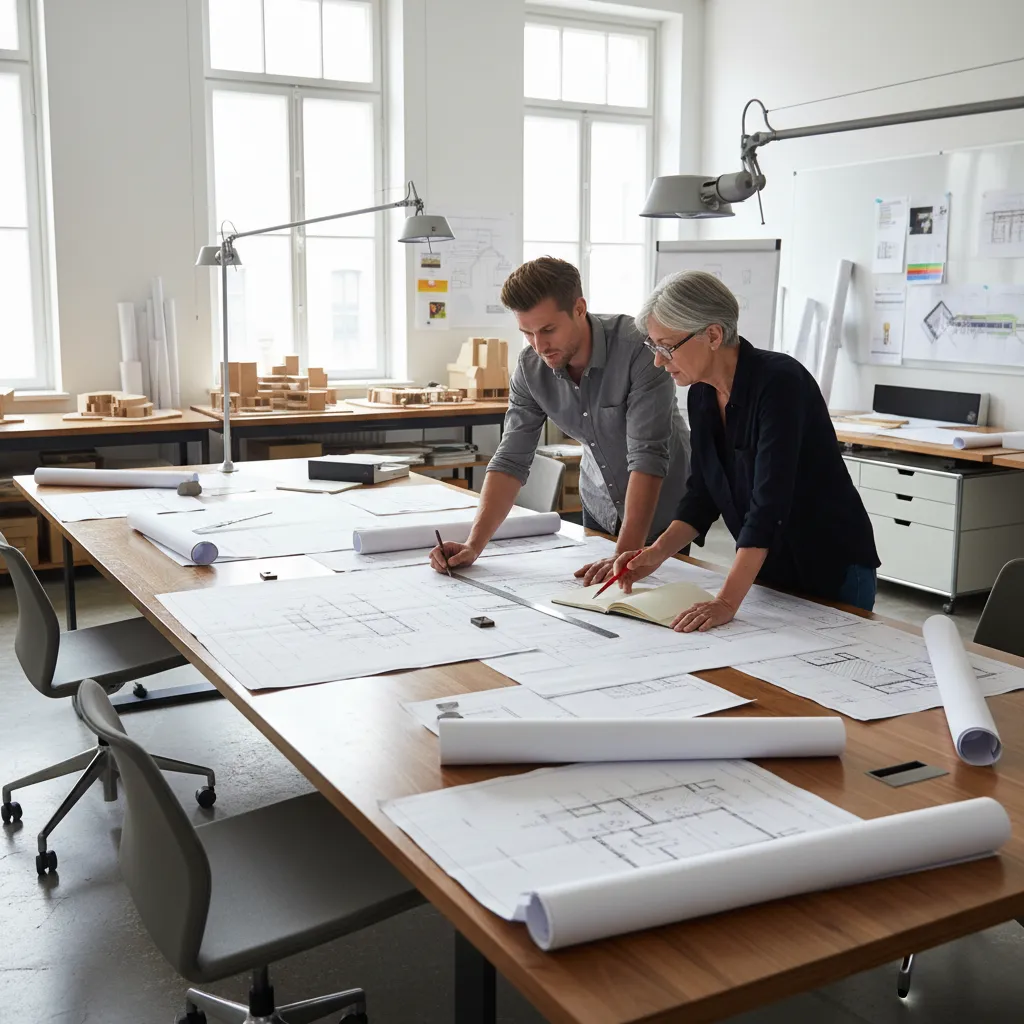 Architect organizing multiple construction drawings and blueprint revisions on a large table
