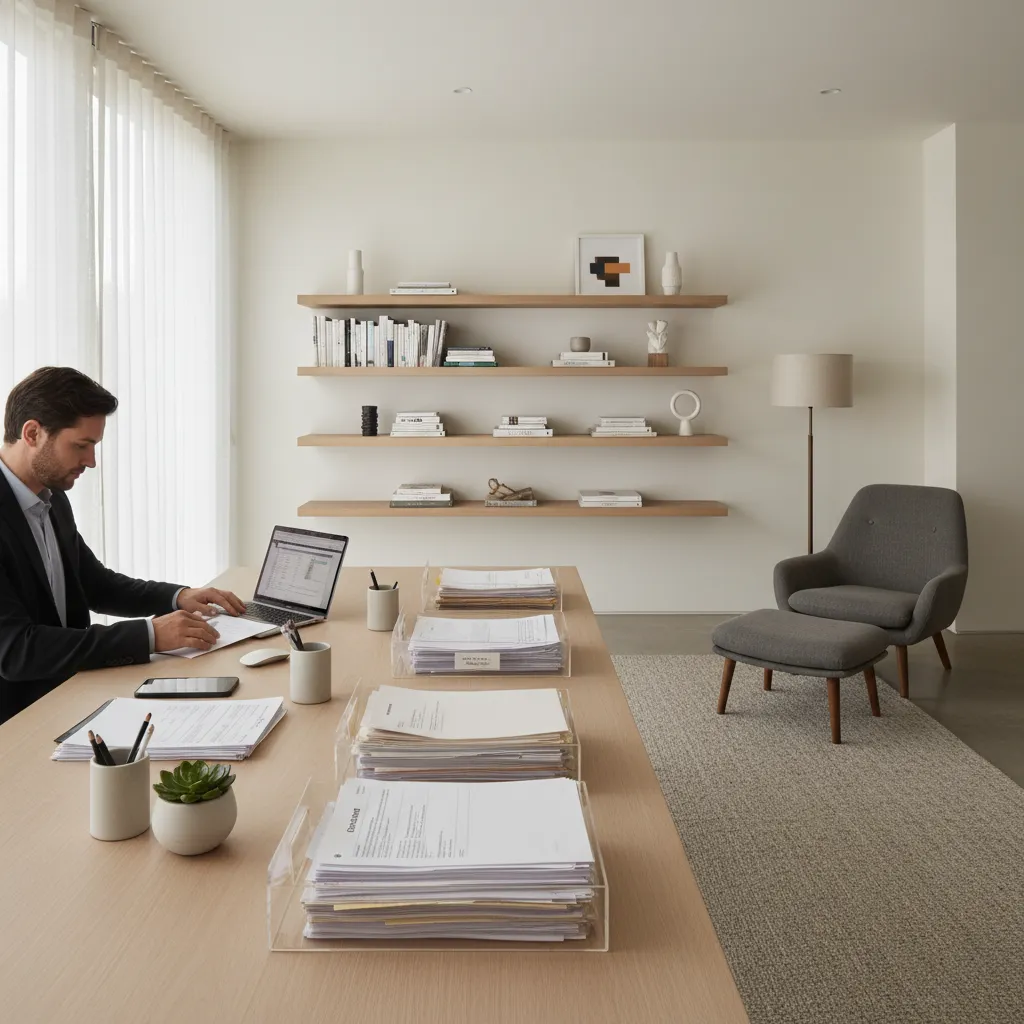 Homeowner organizing contract documents and email records