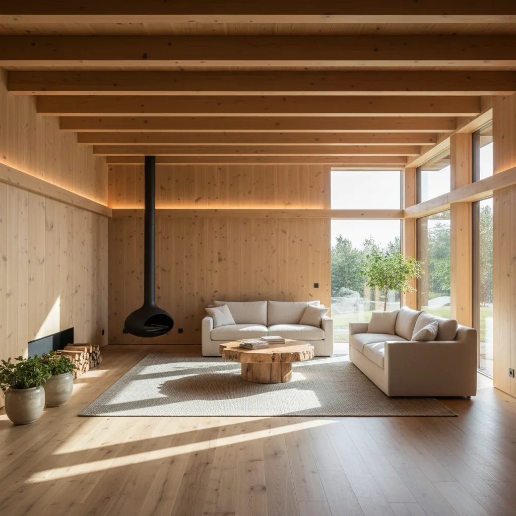 Interior de casa de madera con grandes ventanas y luz natural entrando