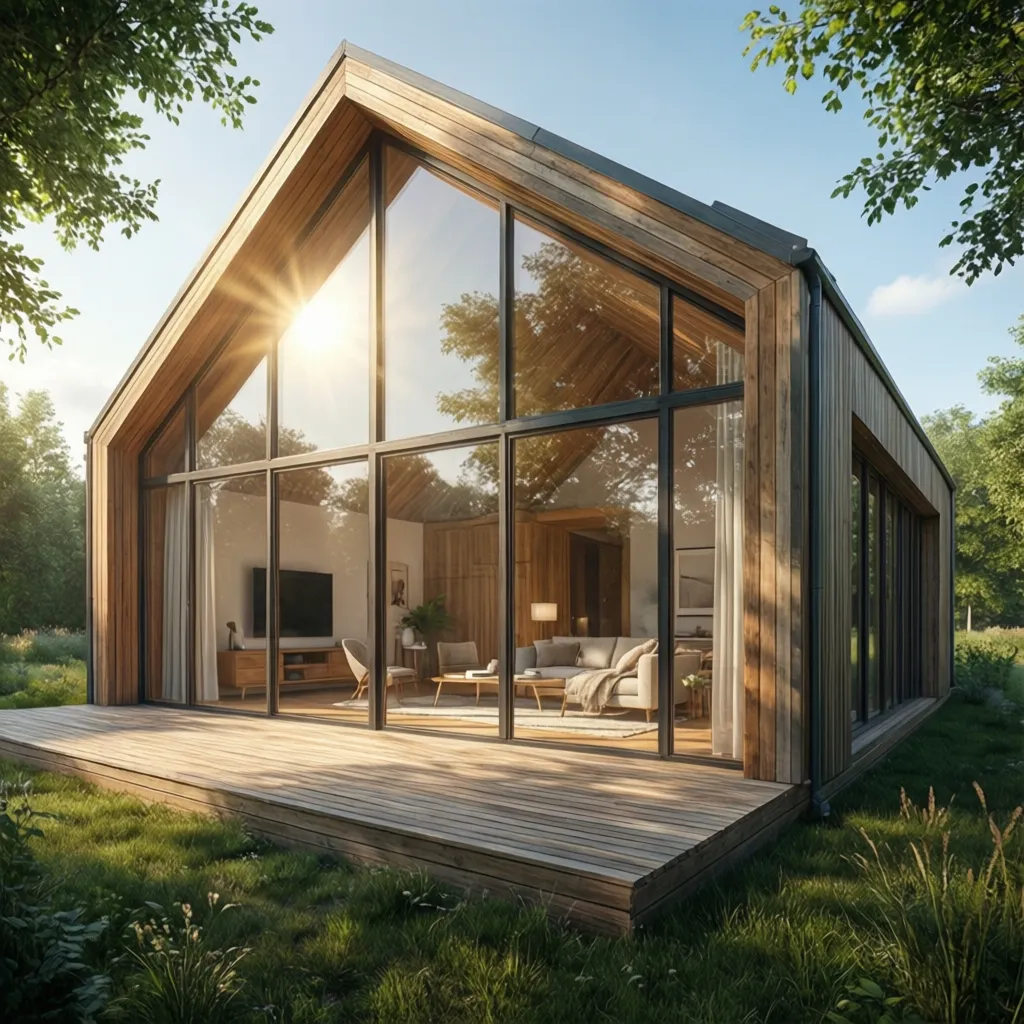 Casa pasiva con orientación solar y grandes ventanales al sur