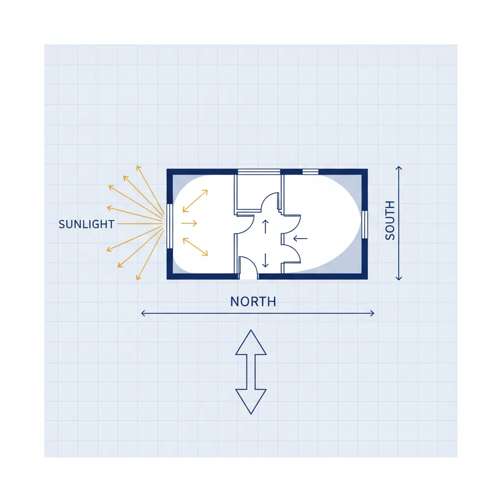Diagrama arquitectónico mostrando orientación solar de una casa rectangular