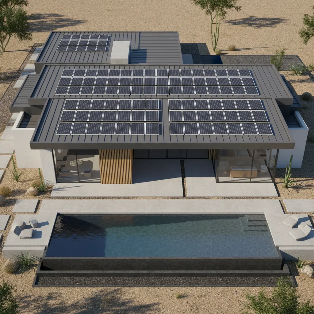 Vista aérea de casa con tejado orientado al sur con paneles solares