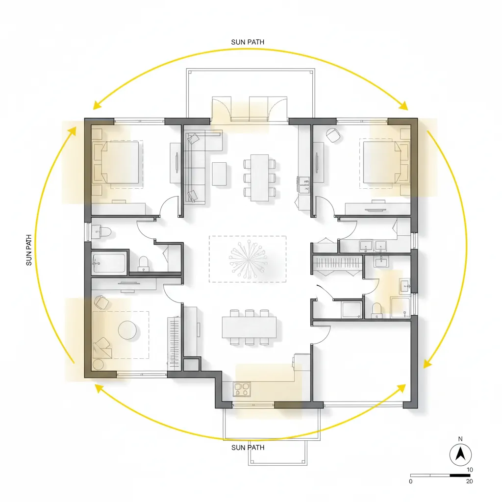 Plano de casa con indicación de orientación solar y entrada de luz natural