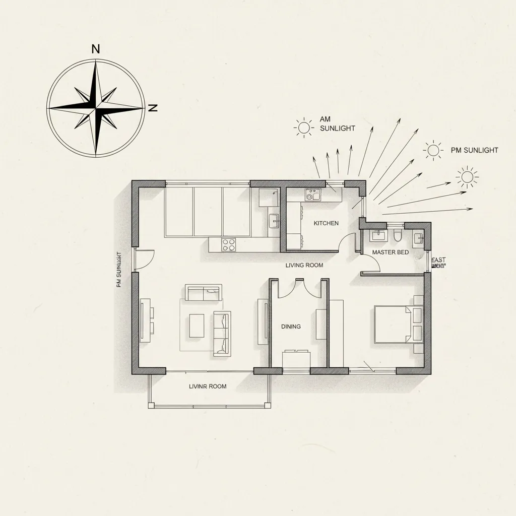 Plano de vivienda con indicación de orientación solar y entrada de luz