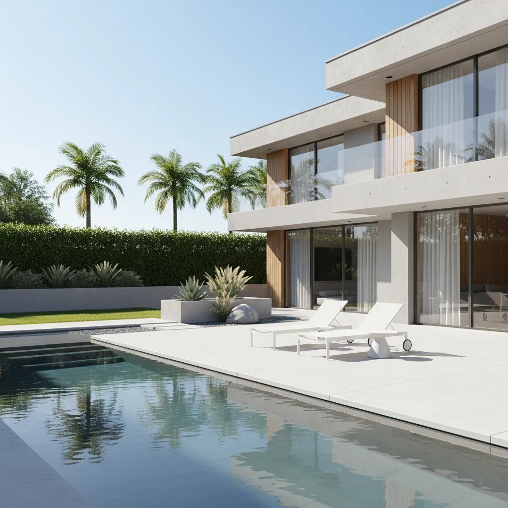 Piscina orientada al sol junto a casa moderna de dos plantas