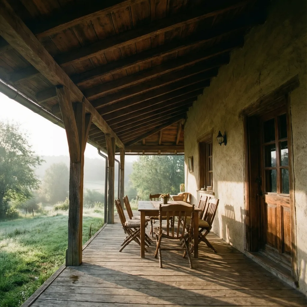 Porche orientado al sur con sombra natural y luz suave