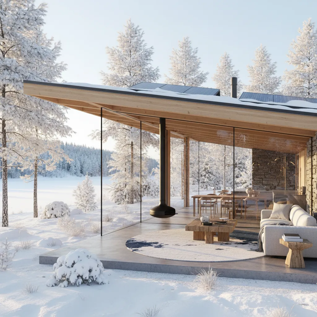 Modern open living room with glass walls solar panels on roof and snowy pine forest