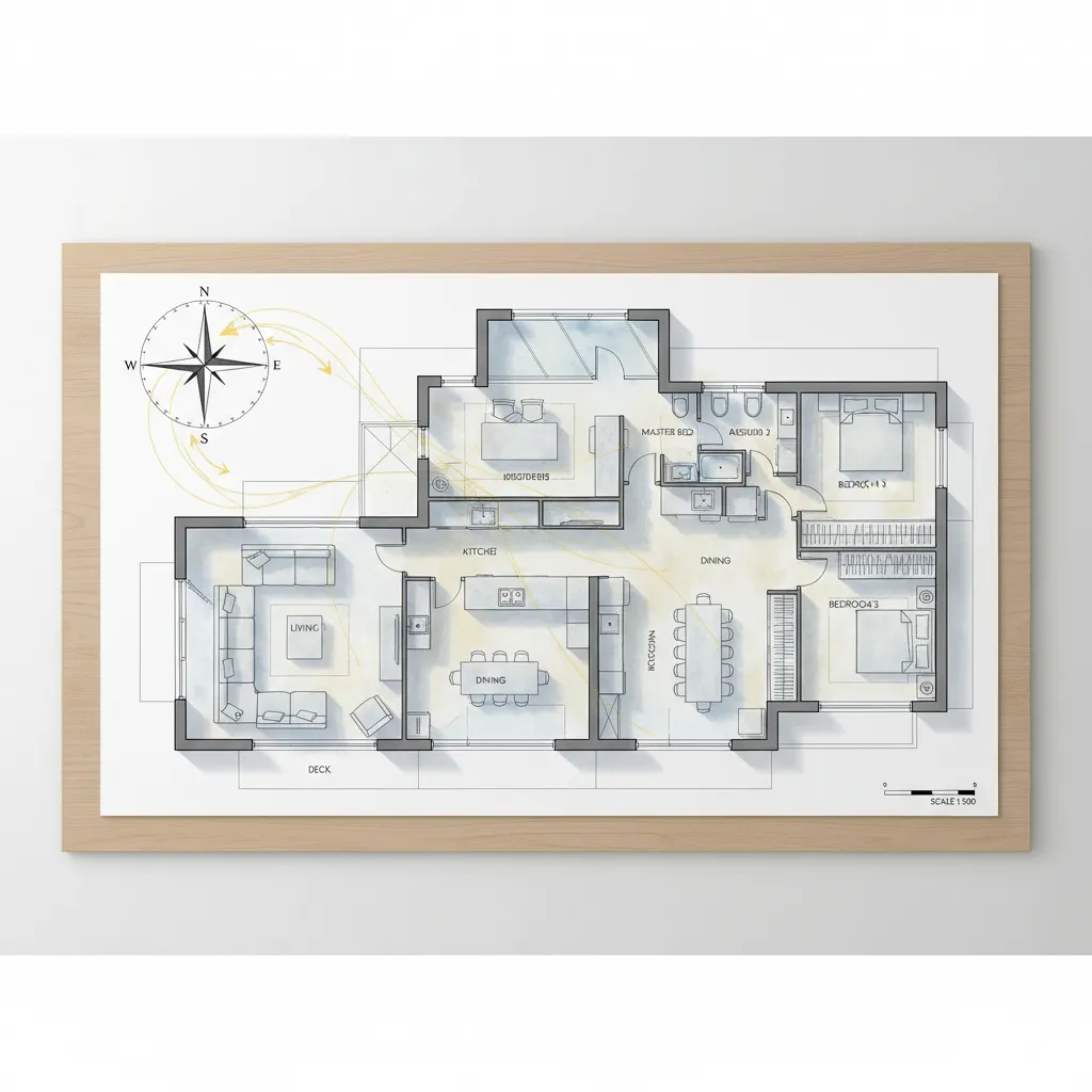 Plano de casa con orientación solar marcada