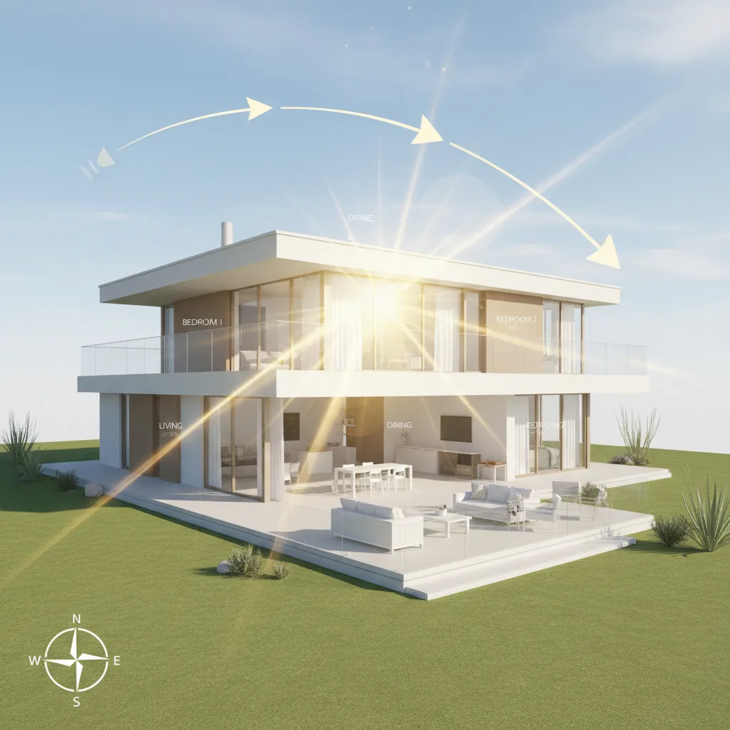 Modern house with glass walls and outdoor patio showing the sun path for natural light