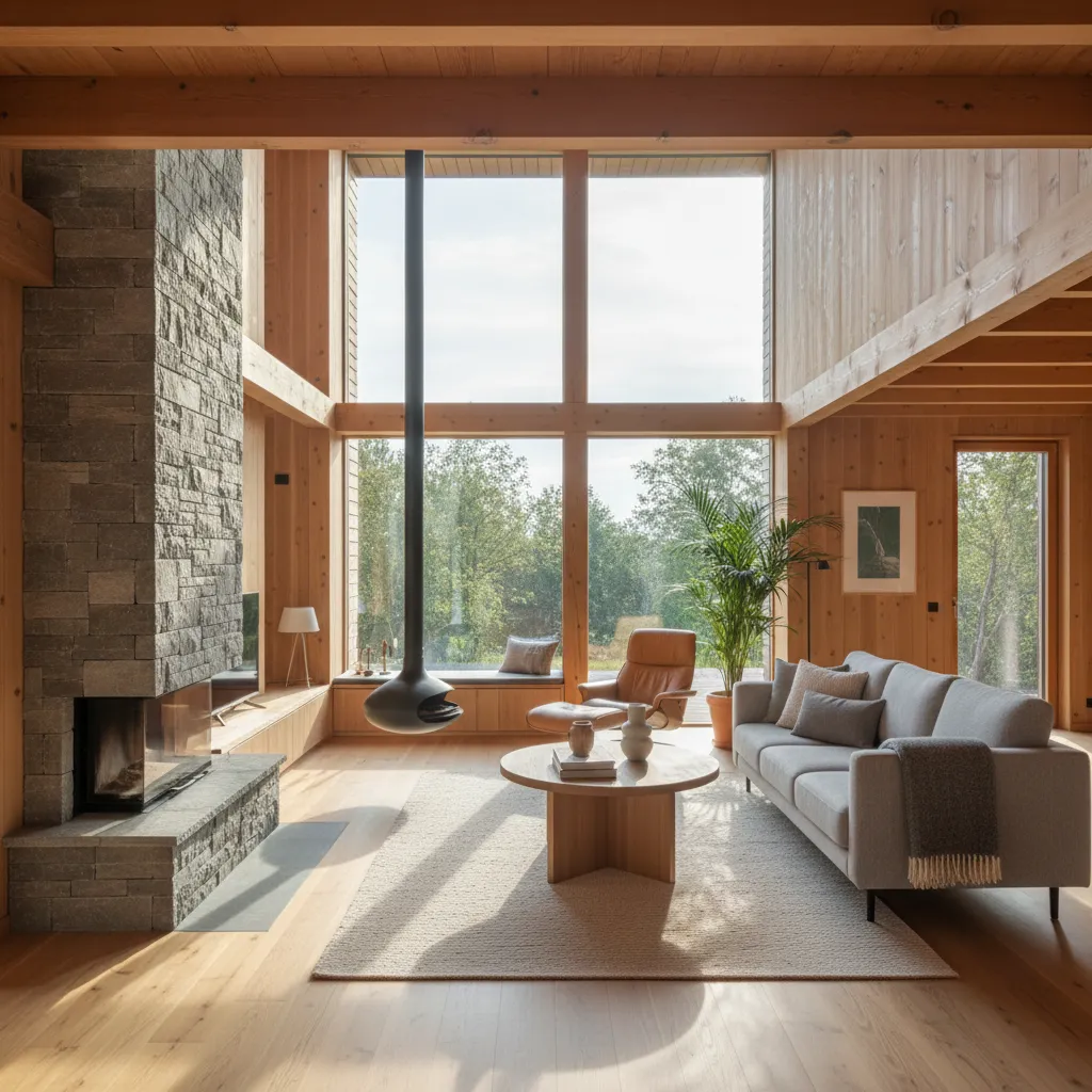 Casa de madera con grandes ventanales orientados hacia el sol