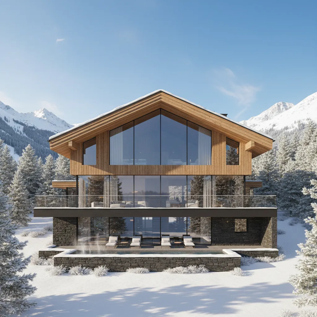 Casa de montaña moderna orientada al sol con ventanales amplios