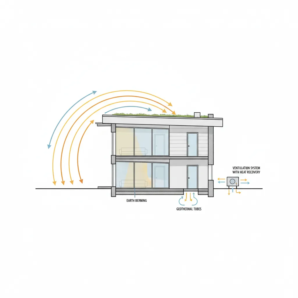 Diagrama arquitectónico mostrando orientación solar en una casa pasiva