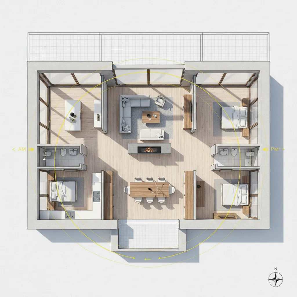 Plano de casa con indicación de orientación solar y entrada de luz natural