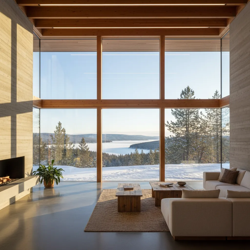 Modern living room with large windows viewing snowy lake landscape including white sofa and fireplace
