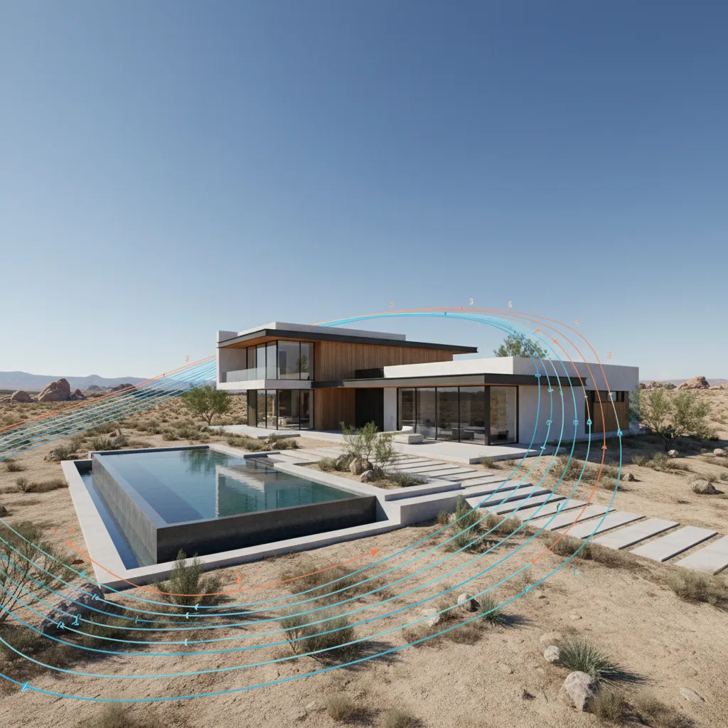 Casa moderna situada en un terreno con indicaciones de orientación solar