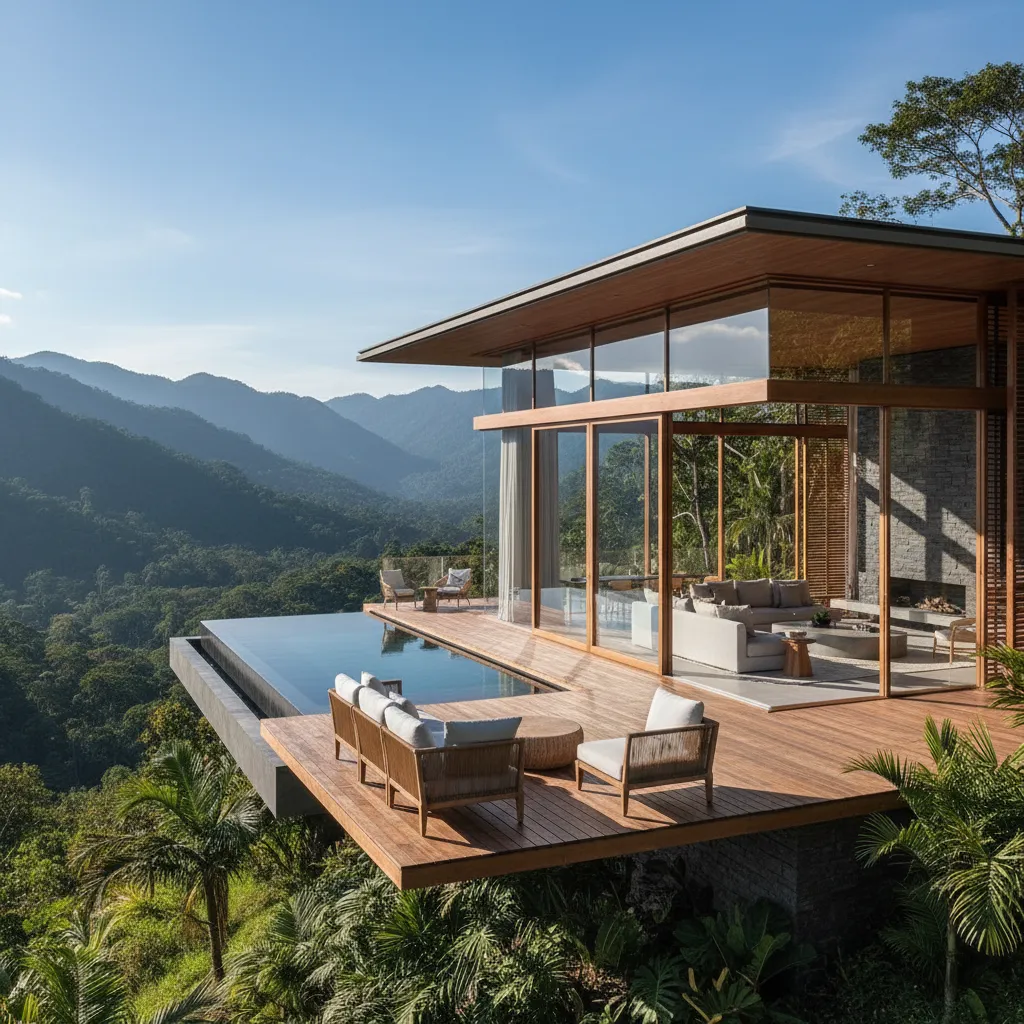 Modern luxury villa with infinity pool wooden deck glass walls green mountain view and sofa