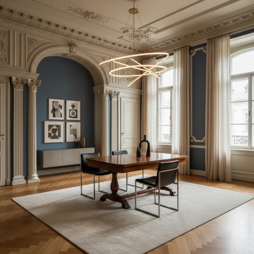 Elegant dining room with blue walls wall panel wooden table and a modern ceiling light